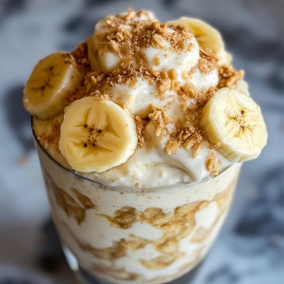 A glass of banana and cereal.