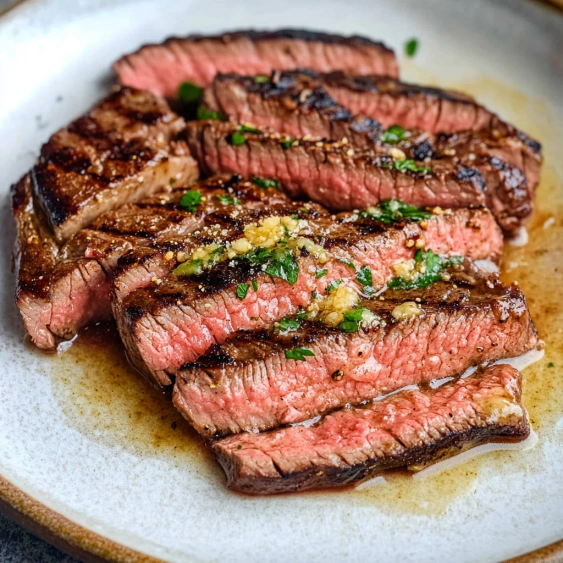 A plate of steak with seasoning on it.