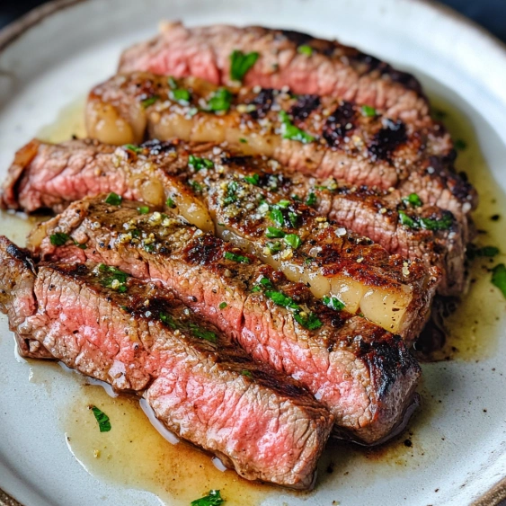 A plate of steak with onions and herbs.