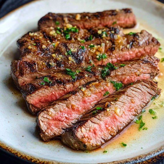 A plate of steak with seasoning on it.