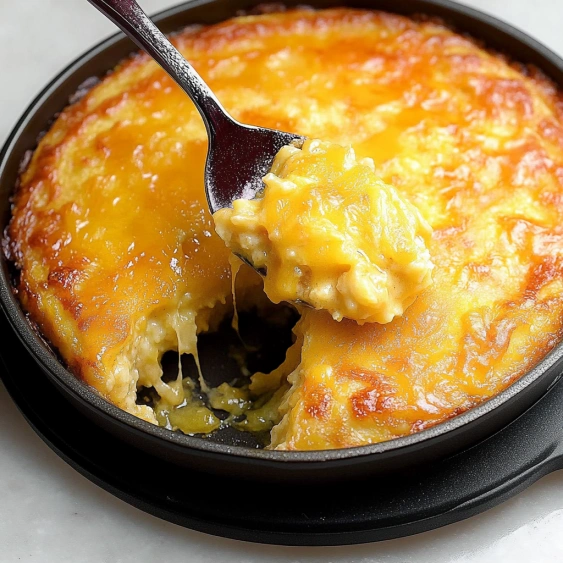 A fork is in a pan with a cheesy casserole.