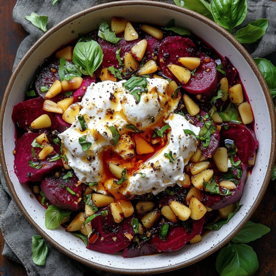 A bowl of food with a white sauce on top.