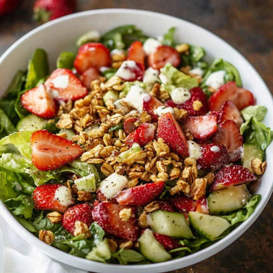 A bowl of salad with strawberries, nuts, and cheese.