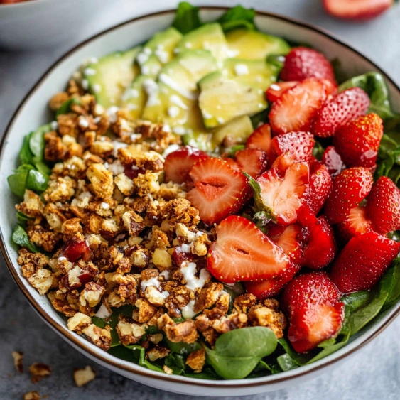 A bowl of fruit salad with strawberries, avocado, and nuts.