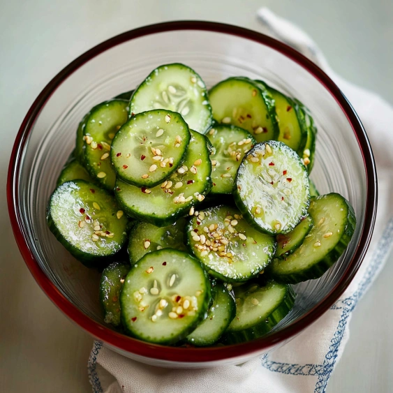 A bowl of sliced cucumbers with seeds.