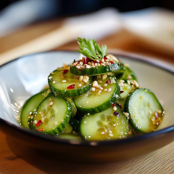 A bowl of cucumbers with spices.