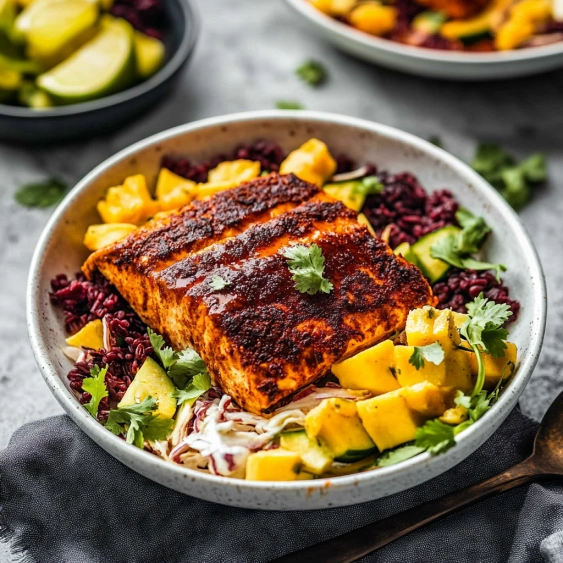 A plate of food with a fish dish and a bowl of fruit.