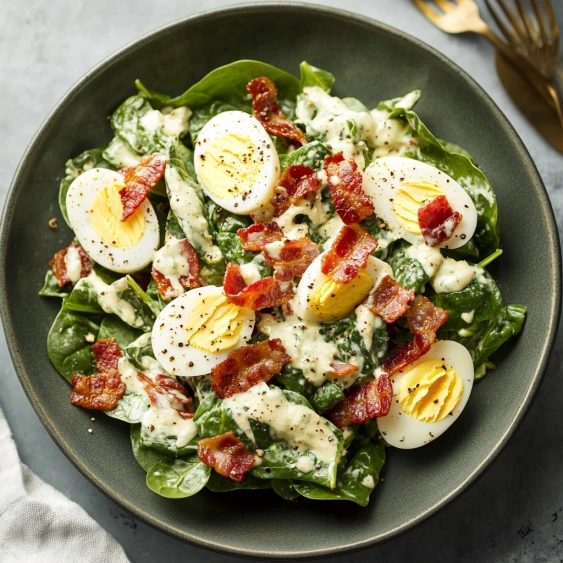 A plate of food with eggs, bacon, and greens.