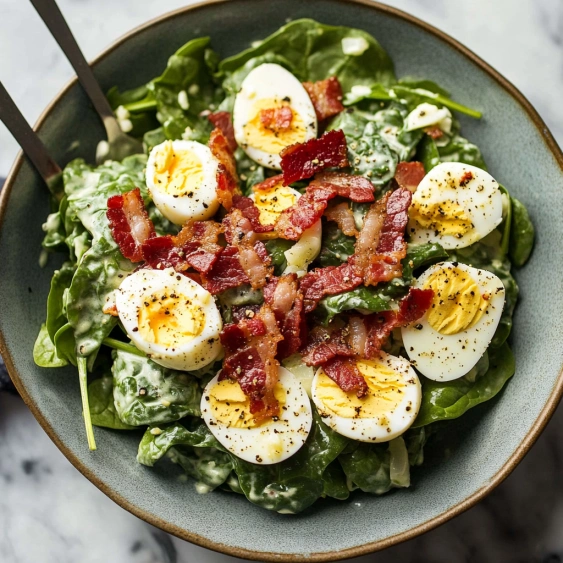 A bowl of salad with eggs and bacon.