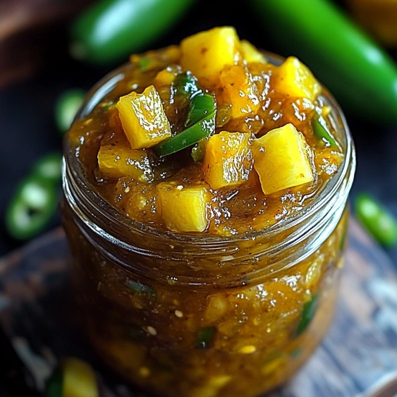 A jar of pineapple sauce with green peppers.