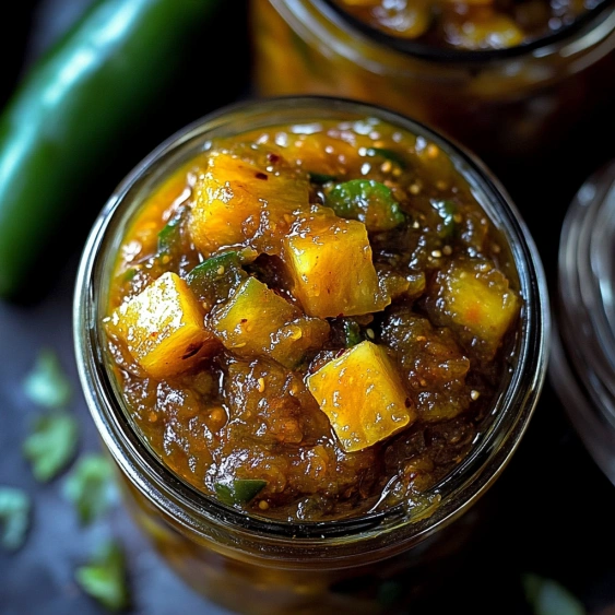 A jar of salsa with a green pepper in front of it.