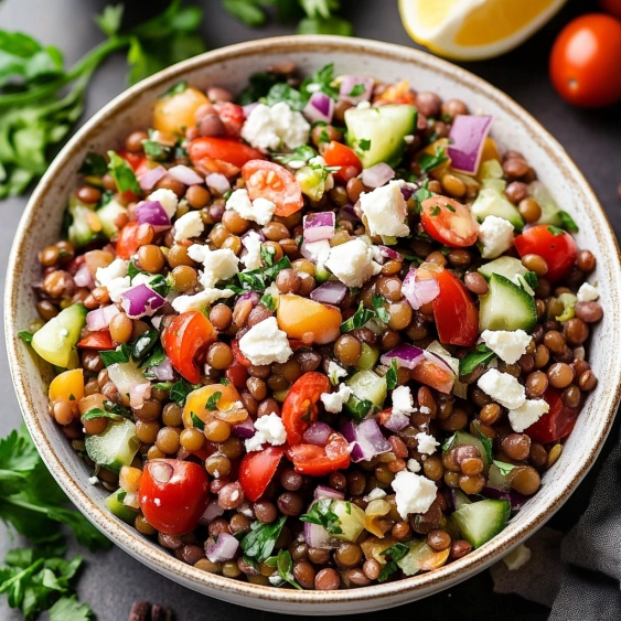 A bowl of vegetables with feta cheese.