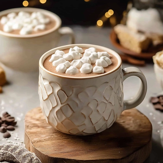 Two cups of hot chocolate with marshmallows.