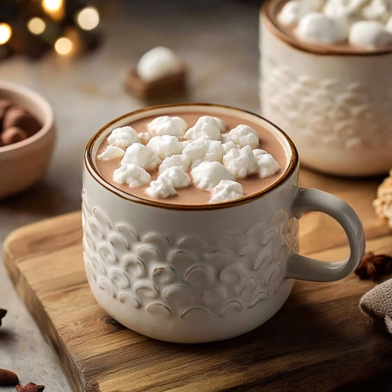 A cup of chocolate with marshmallows on top.