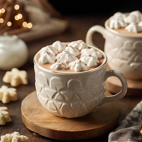 Two white coffee cups with whipped cream on top.