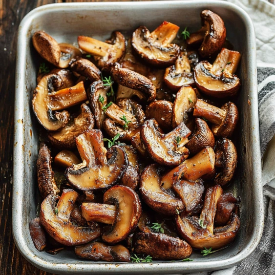A pan of mushrooms with herbs.