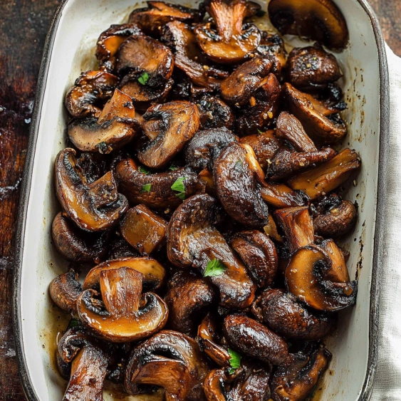 A dish of mushrooms with a green garnish.