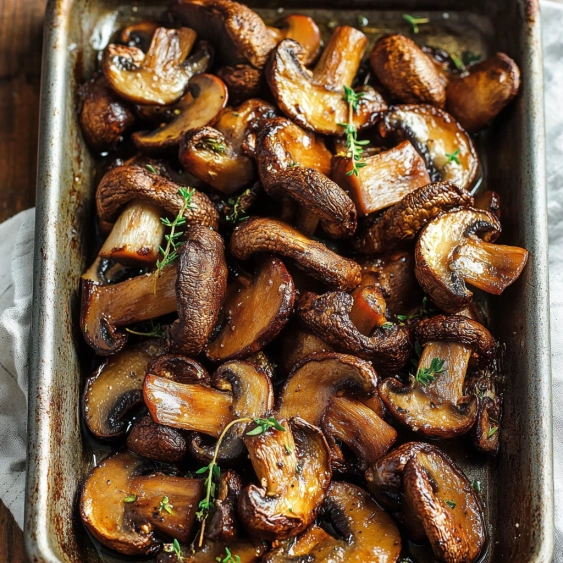 A pan of mushrooms with herbs.