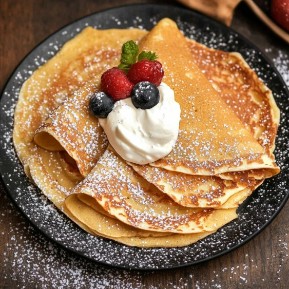 A plate of pancakes with a blueberry and raspberry on top.