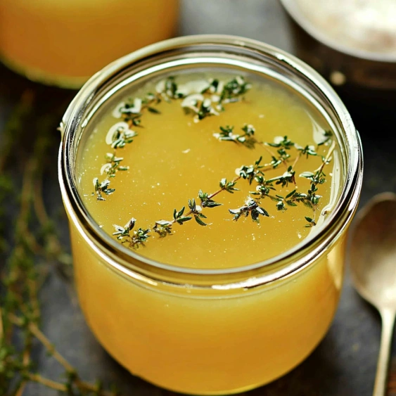 A jar of honey with herbs in it.