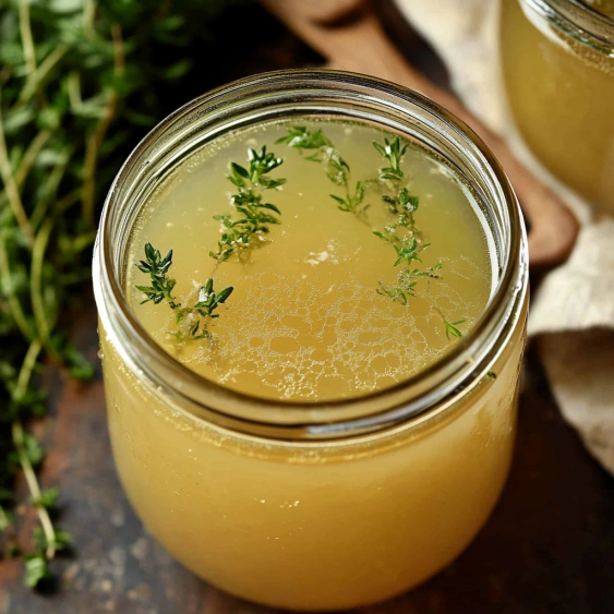 A glass jar of liquid with herbs in it.