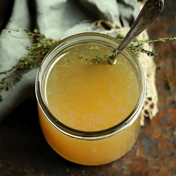 A jar of liquid with a spoon in it.