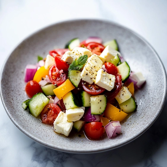 A plate of vegetables with feta cheese.