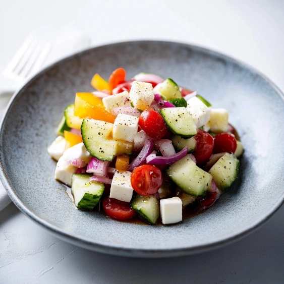 A plate of vegetables with tomatoes, cucumbers, onions, and cheese.