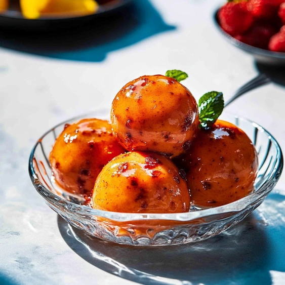 A bowl of fruit with a spoon in it.