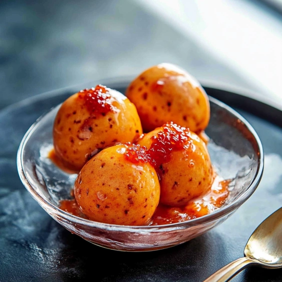 Two small balls of food with sauce on a plate.