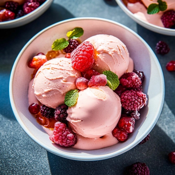 A bowl of pink ice cream with raspberries on top.