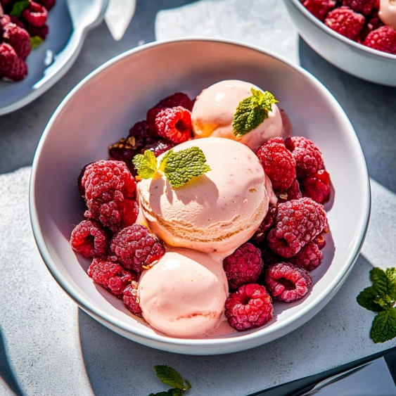 A bowl of raspberries and ice cream.
