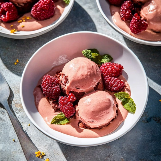 A bowl of raspberry sorbet with mint leaves.