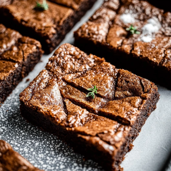 A close up of a brownie with a sprig of parsley on top.