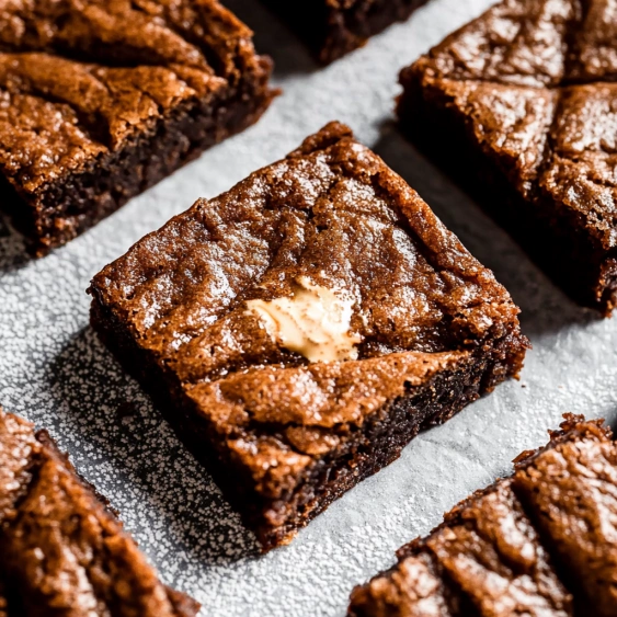 A square of chocolate brownie with a bite taken out of it.