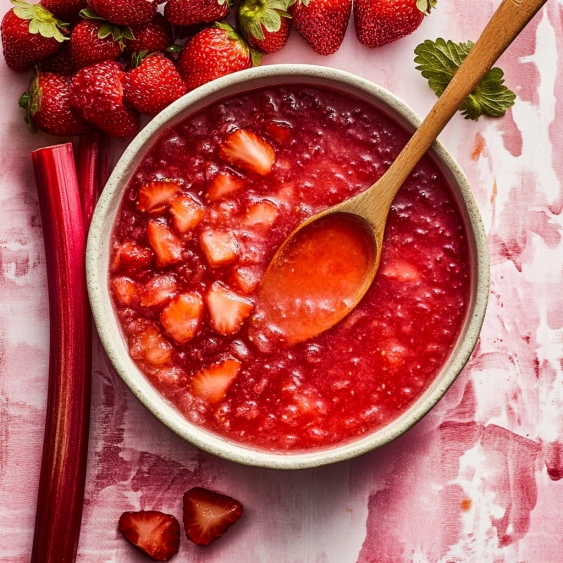A bowl of strawberry jam with a spoon in it.