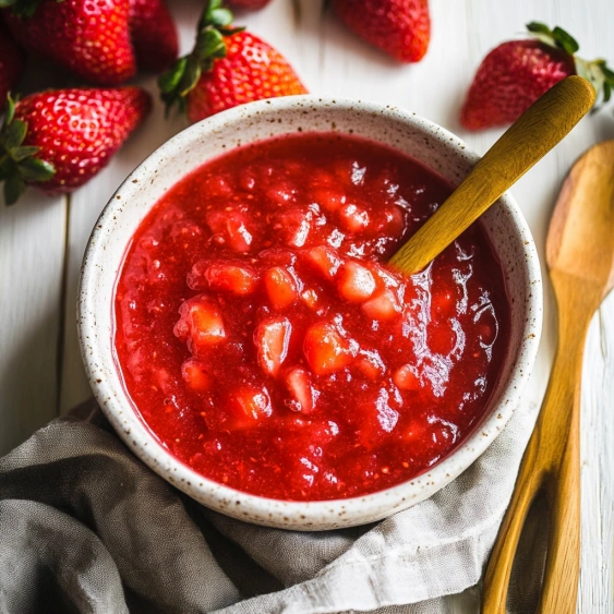 A bowl of red strawberry jam.