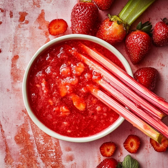 A bowl of red sauce with strawberries and celery.