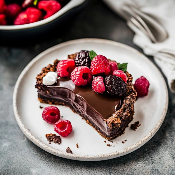 A slice of chocolate cake with raspberries on top.