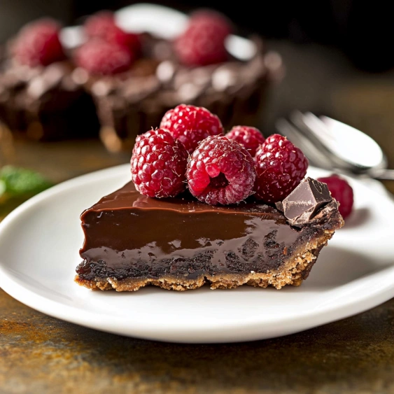 A slice of chocolate cake with raspberries on top.
