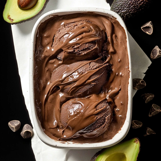 A bowl of chocolate ice cream with chocolate chips and a slice of avocado.