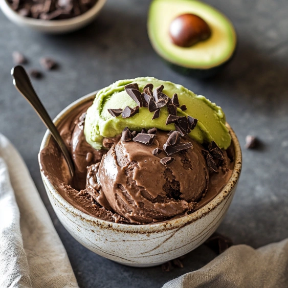 A bowl of chocolate ice cream with chocolate chips and a green avocado.