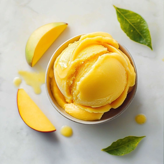 A bowl of peach ice cream.