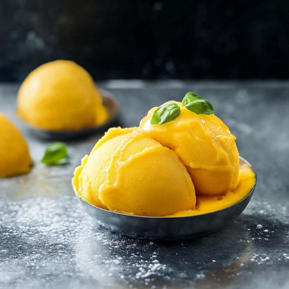A bowl of yellow ice cream with green leaves on top.