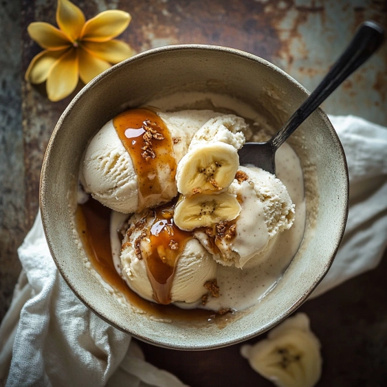 A bowl of ice cream with bananas and caramel.
