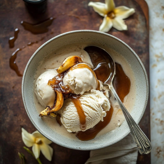 A bowl of ice cream with bananas and caramel.