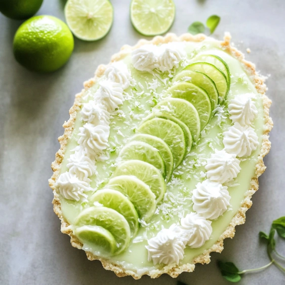 A slice of pie with green limes on top.