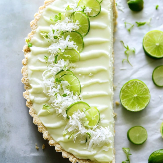 A slice of coconut cream pie with lime wedges on the side.