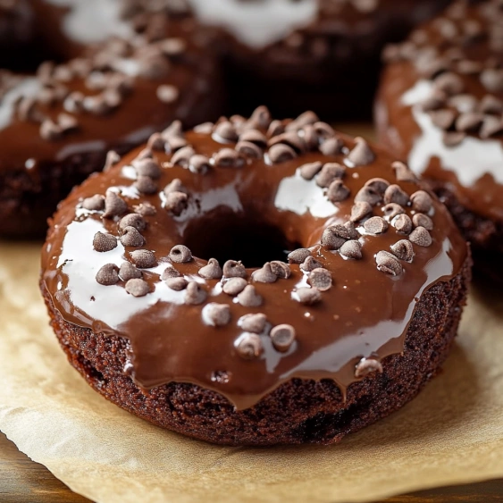 Chocolate donut with chocolate chips.