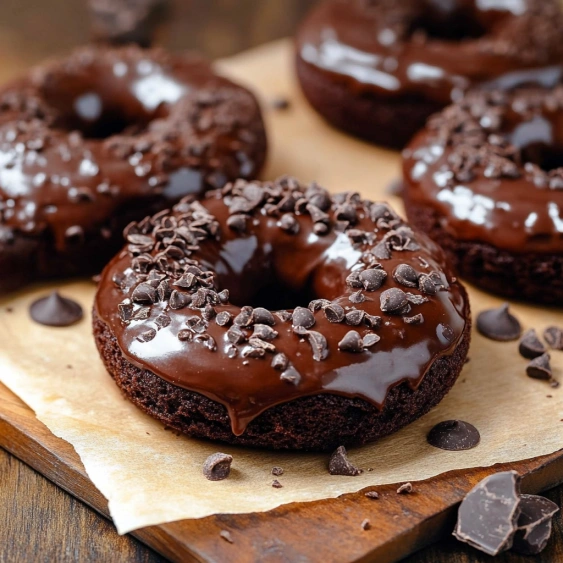 Chocolate donuts with chocolate chips.